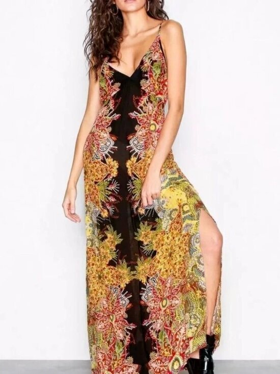 Free People Dresses & Skirts - Free People Wildflower Black Multi Print Slip Maxi Dress L Boho Summer
